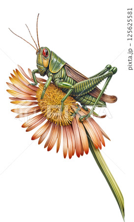 There is a big green grasshopper sitting on a flower 125625581