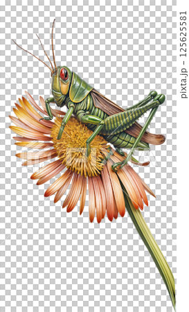 There is a big green grasshopper sitting on a flower 125625581