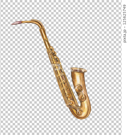 Watercolor vintage brass saxophone illustration isolated background. Woodwind musical instrument in realistic style. Music element for jazz festival, retro decor, event branding, or album covers Watercolor vintage brass saxophone illustration isolated background. Woodwind musical instrument in realistic style. Music element for jazz festival, retro decor, event branding, or album covers 125625749