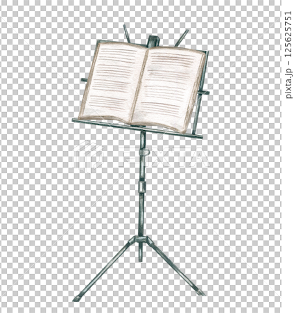 Music black metal stand with open music notebook watercolor illustration isolated background. Musical sheets on adjustable tripod holder for concert posters, classical event branding, minimalist decor 125625751