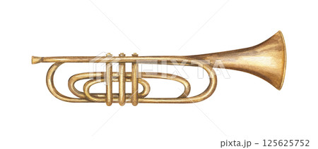 Watercolor musical classical brass trumpet illustration isolated background. Hand painted vintage instrument. Side view. For jazz themed branding, or cultural event promotion, concert poster 125625752