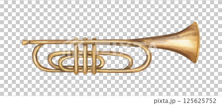 Watercolor musical classical brass trumpet illustration isolated background. Hand painted vintage instrument. Side view. For jazz themed branding, or cultural event promotion, concert poster 125625752