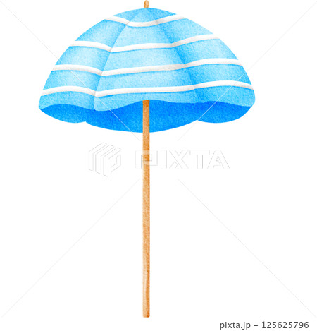 blue striped umbrella on a wooden stick, transparent background 125625796