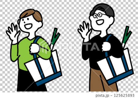 一組男女購物回家路上互相問候的插畫 125625893