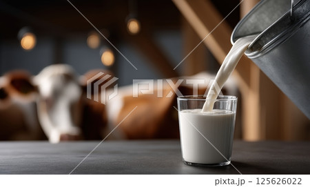 Milk Pouring into Glass on Rustic Wooden Table 125626022