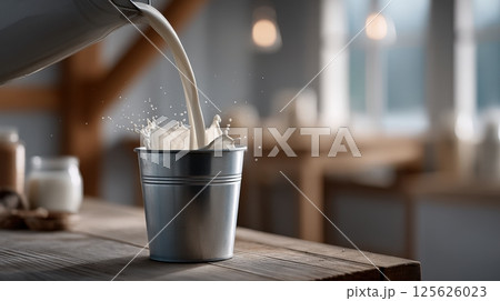 Milk Pouring into Metal Pail in Rustic Kitchen Setting 125626023