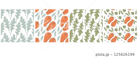 Freehand Arugula leaves Salmon steaks Brussels sprouts Seamless Patterns Healthy eating fond Big Set 125626199