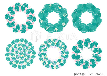 Tropical flowers and Monstera leaves Circle Frame border and Background Copy space Template Big Set 125626200