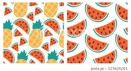 Pineapple and Watermelon slices triangular and half Seamless Patterns Summer Vacation Background Set 125626201