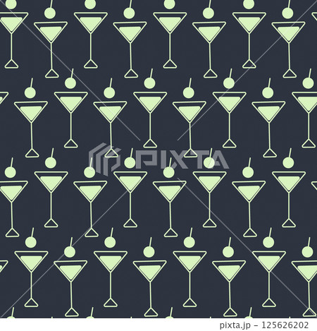 Triangular Martini Glasses and cherry symbolic Seamless background Neon light yellow green on dark 125626202