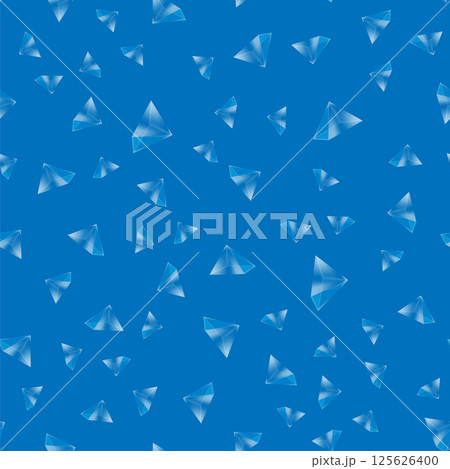 Vector crystal diamond seamless pattern on blue background. Glass transparent prism backdrop. Mineral random triangle pyramid set 125626400