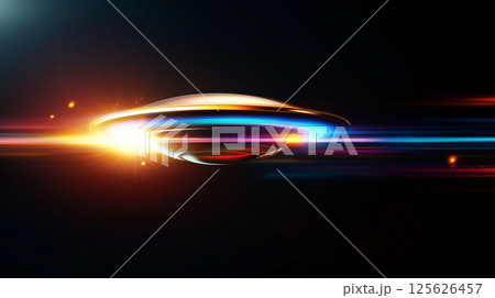 Futuristic ufo spaceship with colorful lights in space travel 125626457