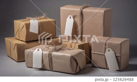 Boxes with parcels wrapped in craft paper at the post office, delivery concept. 125626488