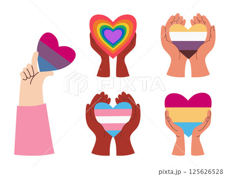 Pride Month. LGBTQ Rainbow Pride Hearts in Hands. Diversity, Love Concept. LGBT community transgender, pansexual, bisexual, and nonbinary identities. Isolated Vector illustration on white background 125626528