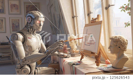 Humanoid robot paints a picture with paints, in an art studio, with a painting on an easel 125626543