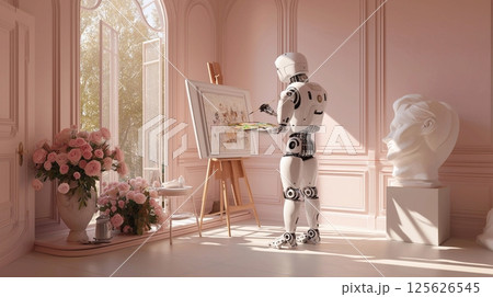 Humanoid robot paints a picture with paints, in an art studio, with a painting on an easel 125626545