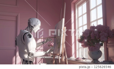Humanoid robot paints a picture with paints, in an art studio, with a painting on an easel 125626546