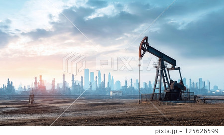 Oil rigs against industrial cityscape at sunrise. Oil and gas industry. 125626599