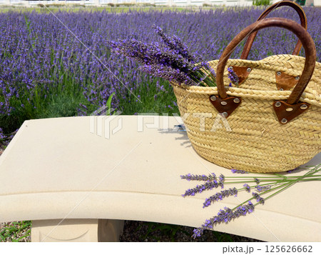 A Charming Basket Overflowing with Fresh Lavender Placed Gently Against a Beautifully Scenic Floral Pathway A Charming Basket Overflowing with Fresh Lavender Placed Gently Against a Beautifully Scenic Floral Pathway 125626662