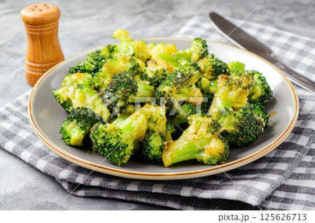 Freshly cooked fried broccoli in a golden crispy breading. The dish was served on a stylish ceramic plate and lay on a cloth napkin in cages. Suitable for food blogs, restaurant menus. Healthy eating Freshly cooked fried broccoli in a golden crispy breading. The dish was served on a stylish ceramic plate and lay on a cloth napkin in cages. Suitable for food blogs, restaurant menus. Healthy eating 125626713