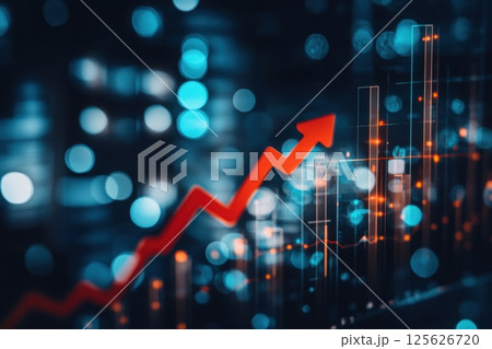 Red arrow rising on digital bar chart with blurred blue bokeh lights in background. Concept of economic growth, finance, analytics, success and positive trend in data statistics. Copy space. Banner 125626720