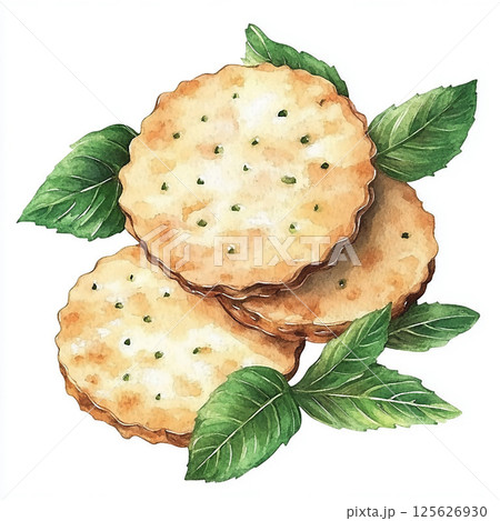 Watercolor cookies with mint leaves and crumbs. Bakery picture for design on white background 125626930