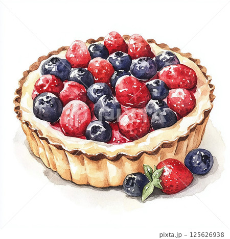 Watercolor pie with sides, fruits and berries. Bakery picture for design on white background 125626938