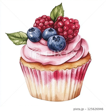 Watercolor cupcake with pink cream, mint and berries. Pastry picture for design on white background 125626946