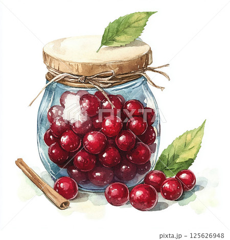 Watercolor glass jar with berry jam on white background. Illustration with mint leaves for design 125626948
