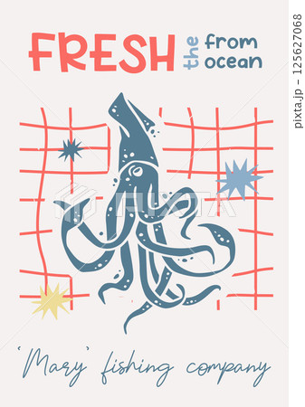 Squid Silhouette Coastal Vintage Poster Template 125627068