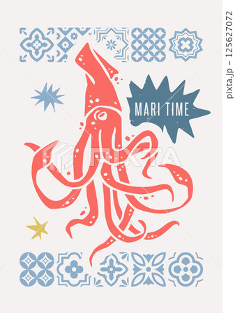 Vertical Food Poster A3 with Red Squid Silhouette on Blue Tiles Vertical Food Poster A3 with Red Squid Silhouette on Blue Tiles 125627072