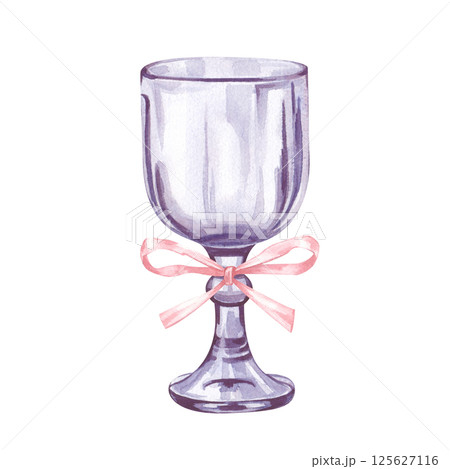 An elegant glass wine glass with a pink ribbon is hand-painted in watercolor. Watercolor illustration isolated on a white background. Clipart. An elegant glass wine glass with a pink ribbon is hand-painted in watercolor. Watercolor illustration isolated on a white background. Clipart. 125627116