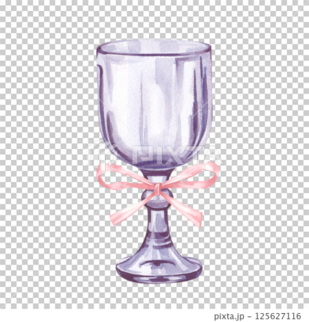 An elegant glass wine glass with a pink ribbon is hand-painted in watercolor. Watercolor illustration isolated on a white background. Clipart. An elegant glass wine glass with a pink ribbon is hand-painted in watercolor. Watercolor illustration isolated on a white background. Clipart. 125627116