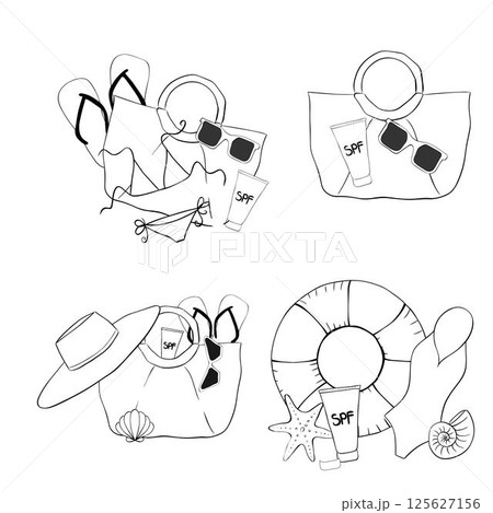 Beach essentials composition set. Vector graphic line ink isolated. beach bag, sunglasses, swimwear, flip flops, seashell, hat. illustration for package, vacation design, fabric and textile. 125627156