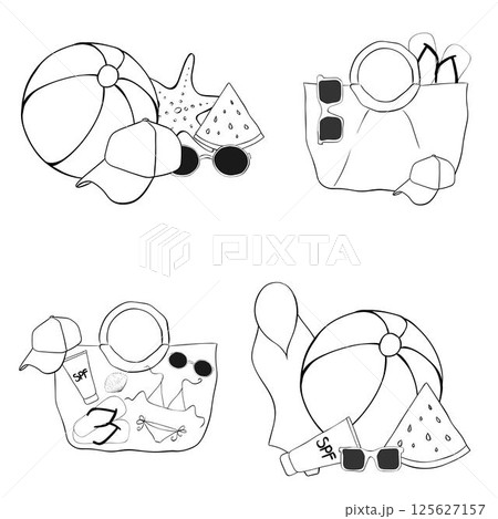 Beach essentials composition set. Vector graphic line ink isolated. beach ball, cap, bag, sunglasses, swimsuit, spf cream. background for banners, print for fabric, labels, t-shirt printing. Beach essentials composition set. Vector graphic line ink isolated. beach ball, cap, bag, sunglasses, swimsuit, spf cream. background for banners, print for fabric, labels, t-shirt printing. 125627157