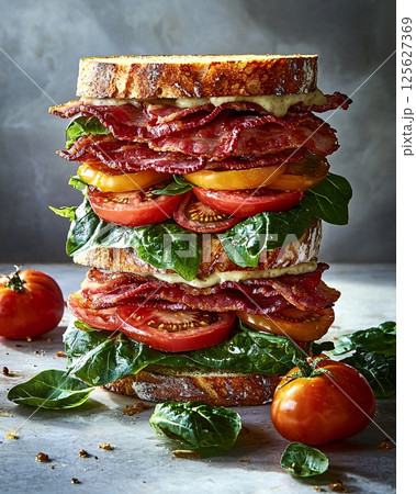 Layered Sandwich with Crispy Bacon, Fresh Tomatoes, Spinach, and Sourdough Bread on a Rustic Layered Sandwich with Crispy Bacon, Fresh Tomatoes, Spinach, and Sourdough Bread on a Rustic 125627369
