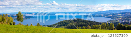 Panoramic view of a beautiful lake Mjosa and Gjovik city in summer. Norway Panoramic view of a beautiful lake Mjosa and Gjovik city in summer. Norway 125627399