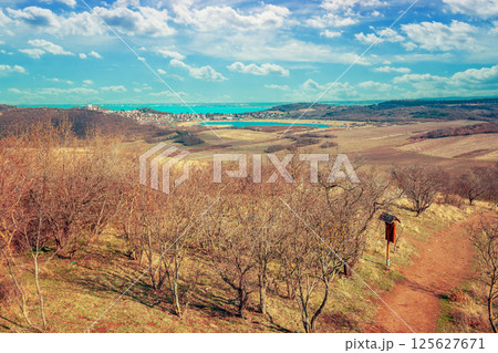 Aerial view of Balaton lake and valley with orchard in early morning. Tihany peninsula, Hungary Aerial view of Balaton lake and valley with orchard in early morning. Tihany peninsula, Hungary 125627671