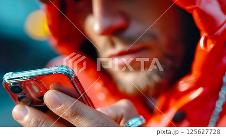 A man in a glossy red jacket intently views his smartphone, with focus on the device and his hand, against a softly lit background A man in a glossy red jacket intently views his smartphone, with focus on the device and his hand, against a softly lit background 125627728