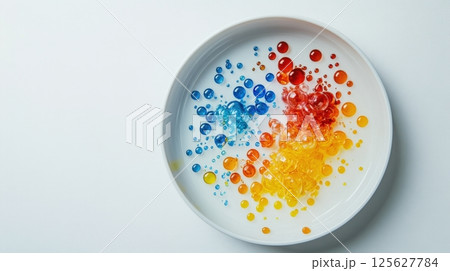 Top-down view of colorful liquid droplets in blue, red, and yellow on a white plate against a white background. Abstract and vibrant design AI generated 125627784