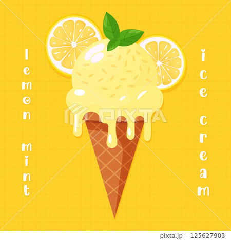 lemon mint ice cream in waffle cone flat vector illustration. 125627903