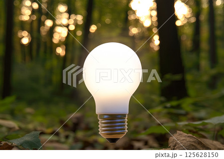 A glowing light bulb on a green forest background. Natural energy and environment concept. A glowing light bulb on a green forest background. Natural energy and environment concept. 125628150