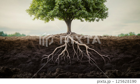 Tree roots in a soil with different layers close up. 125628190