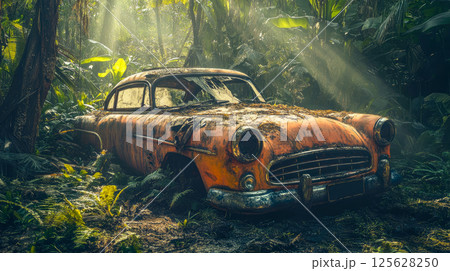An abandoned car overgrown with plants in the forest. 125628250