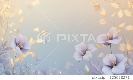 Wedding celebration backdrop with flowers in a soft pastel purple,blue and gold colors. 125628271