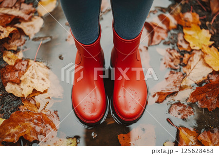 Legs in red rain boots standing in a puddle with autumn leaves. 125628488