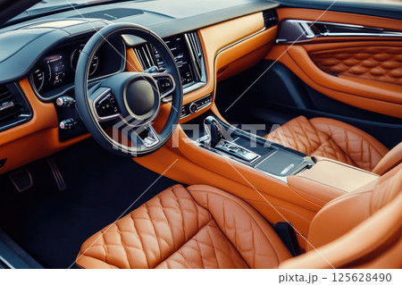 Modern car interior with the leather seats, multimedia, and digital dashboard. 125628490