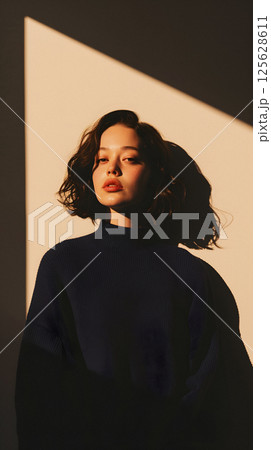 asian woman wearing a black sweater, generative AI 125628611