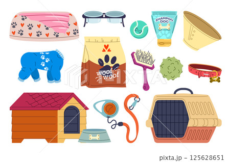 Dog pet supplies set in flat graphic design. Collection isolated elements of bed, feeding bowl, shampoo, veterinary collar, clothes, food package, brush, balls, carrier, other. Vector illustration. 125628651