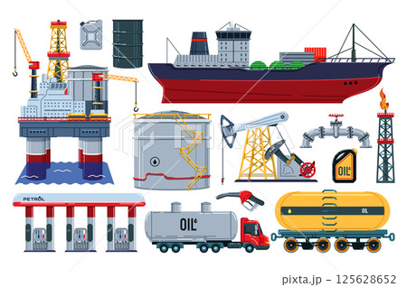 Oil industry set in flat graphic design. Collection isolated elements of platform with drilling rig, barrel, canister, tanker ship, storage tank, pipeline, truck, station, other. Vector illustration. 125628652